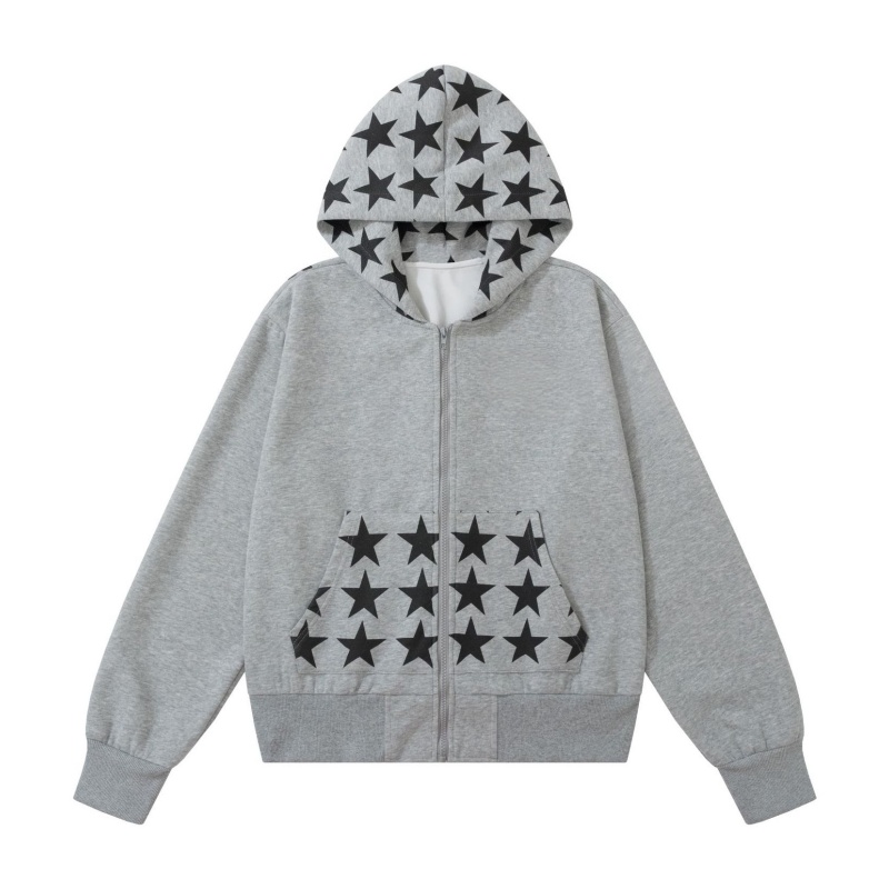 Versatile Star Print Zip-Up Hoodie – Gray